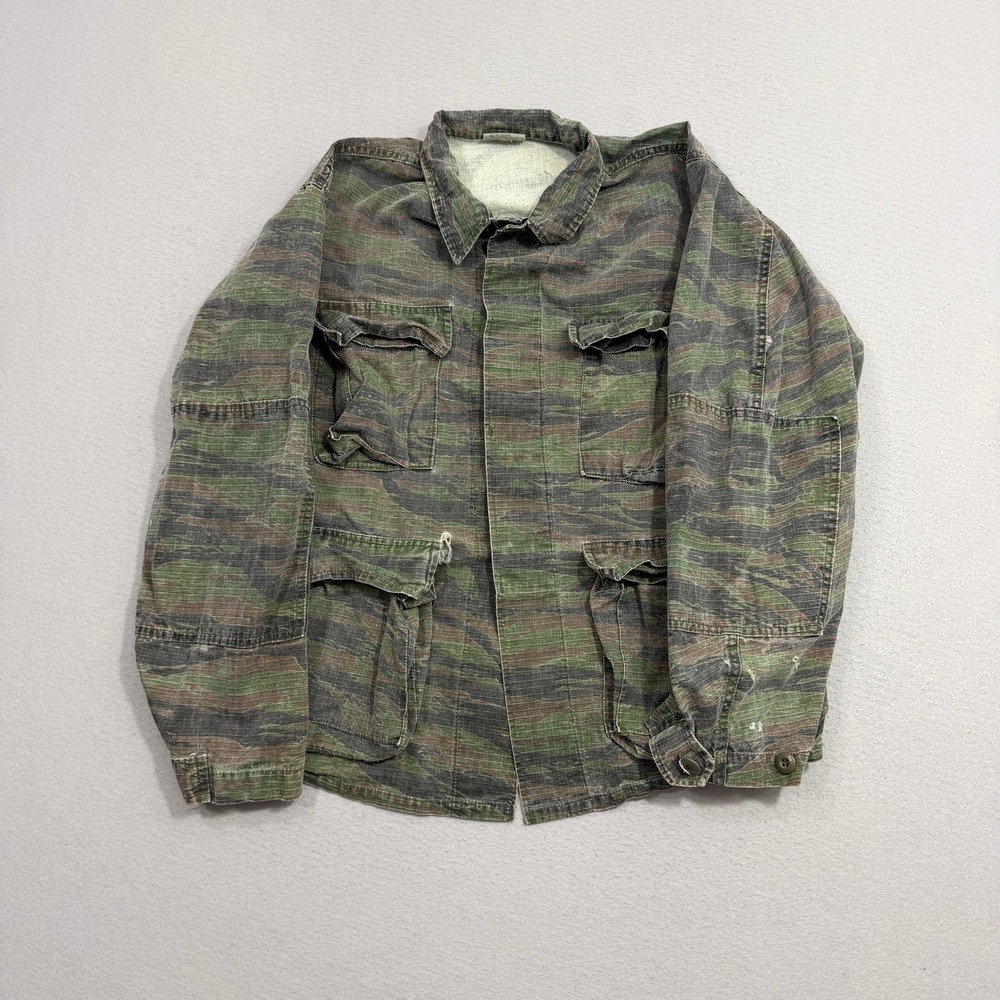 Vintage Military Jacket Men Medium Green Tiger Stripe Camo Combat Field Coat 80s